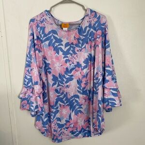 Ruby Rd. Floral Ruffle Sleeve Blouse - Pink and Blue